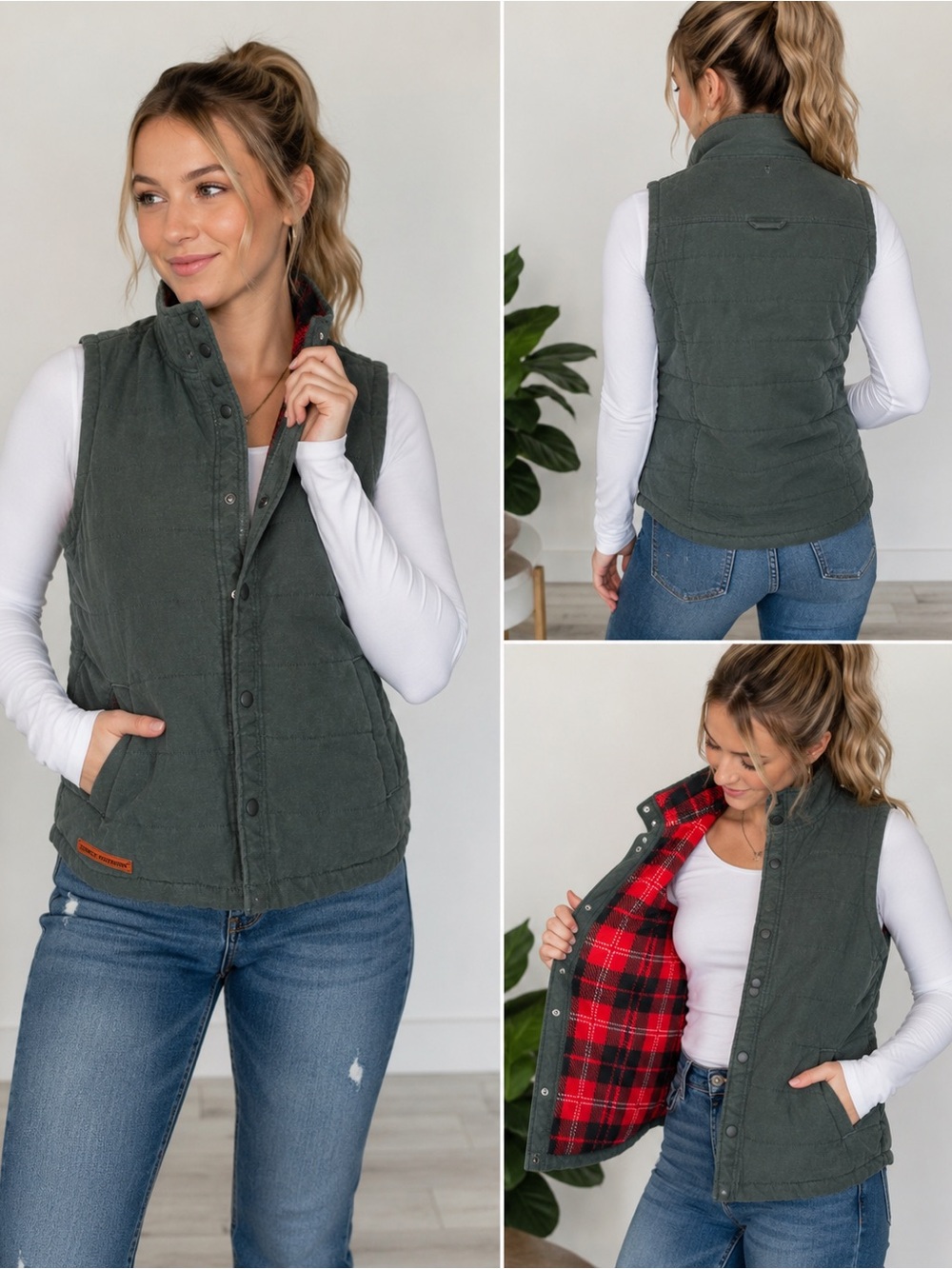 Simply Southern Olive Quilted Vest with Red Plaid Lining
